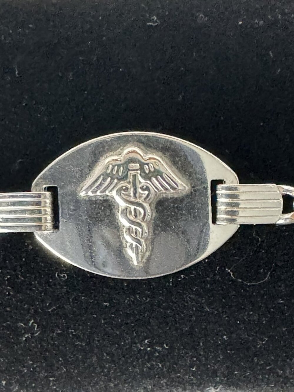 Medical Alert Bracelet Caduceus Symbol 7"x3.4 mm Curb Link 925 Stainless Steel